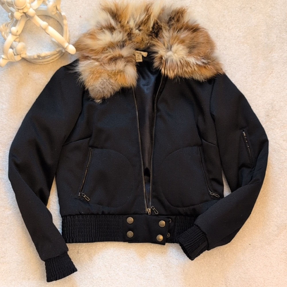 Cache Black Bomber Jacket with Real Fox Fur Collar